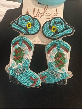 Beaded Turquoise Cowboy Boot Dangle Earrings